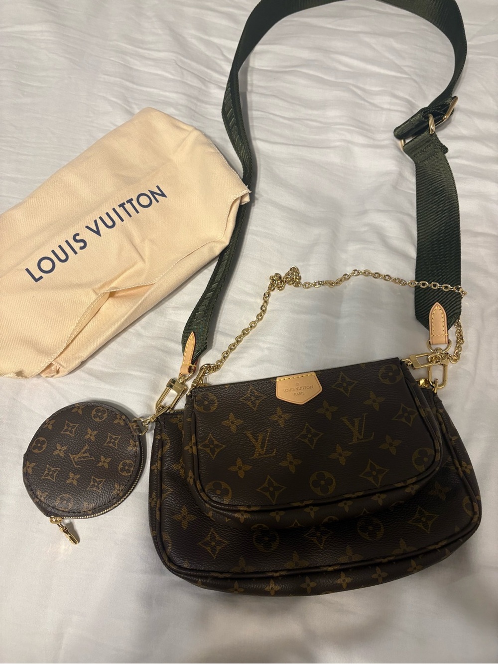 Louis Vuitton Brown Monogram Trio Pouch Crossbody with Green Strap
